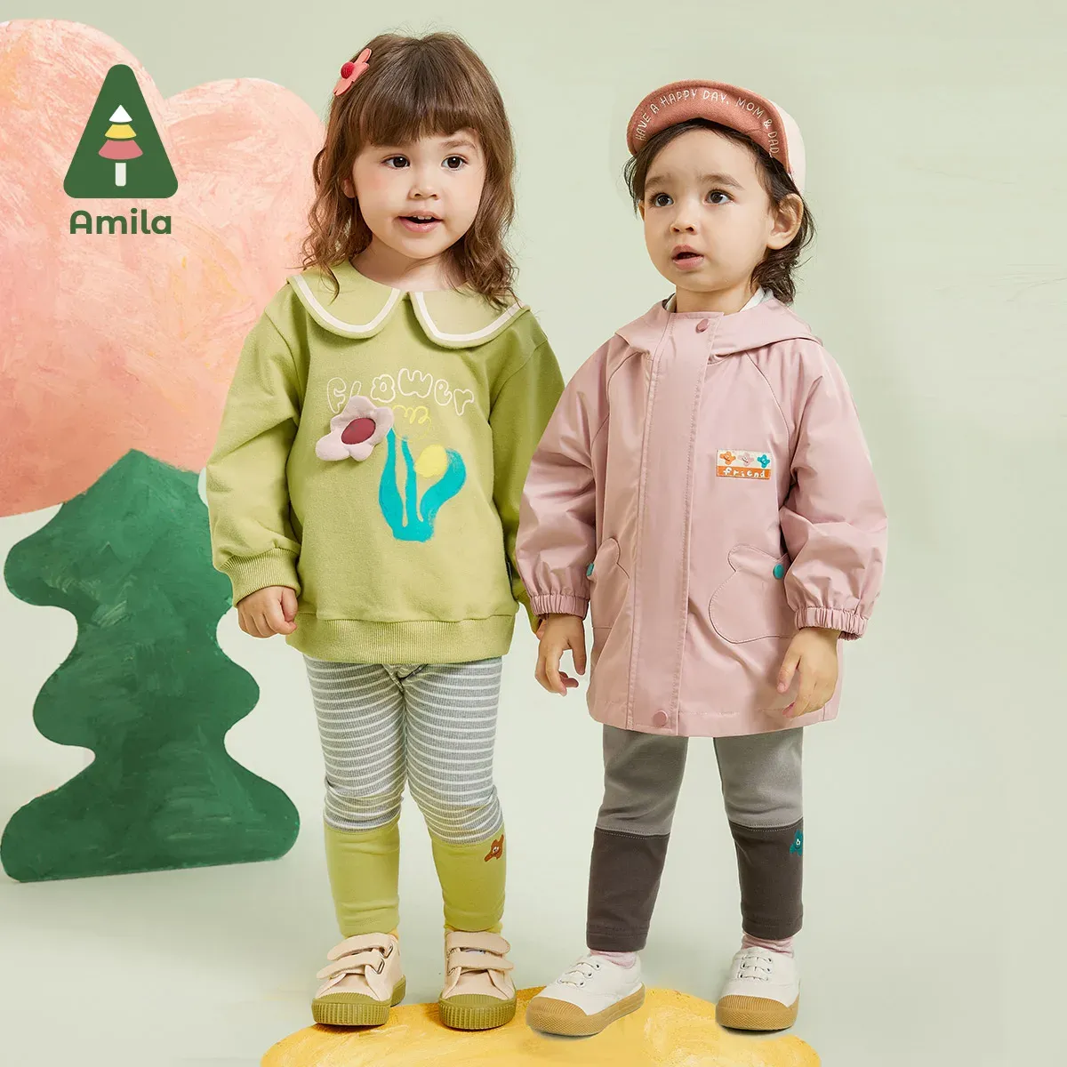 바지 Amila Baby Leggings for Girls 2023 가을 새로운 귀여운 대조 자수 어린이 소프트 바지 어린이 단단한면 바지