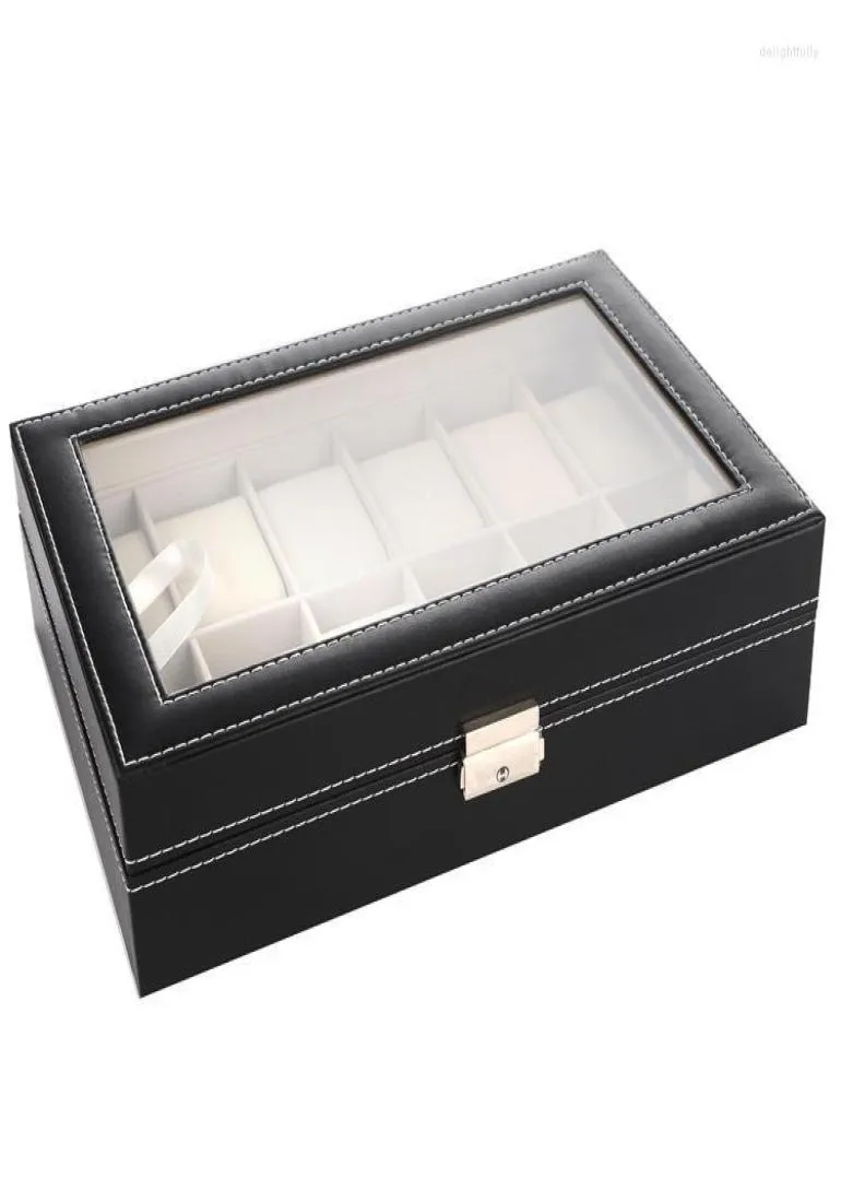 Titta på Boxes Cases Black 12 Grid Box Organizer Glass Storage Holder Horloge Display Boite En Montre -gåva för män Deli227714251