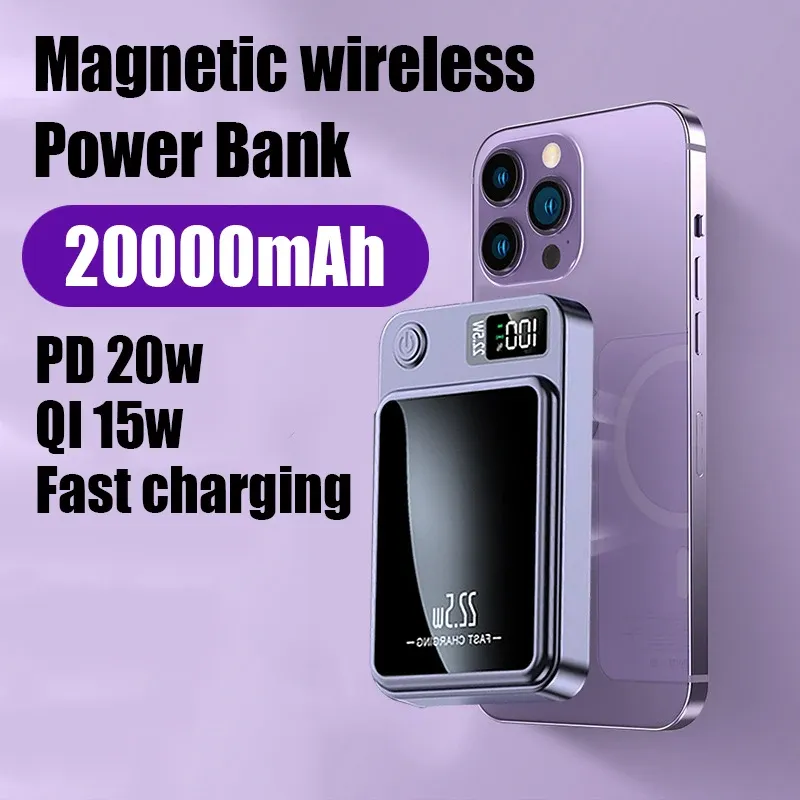 Cas 20000mAh Banque d'alimentation sans fil magnétique PD20W Macsafe PowerBank Externe Auxiliary Battery Charge pour iPhone 12 13 14 Pro Max Mini