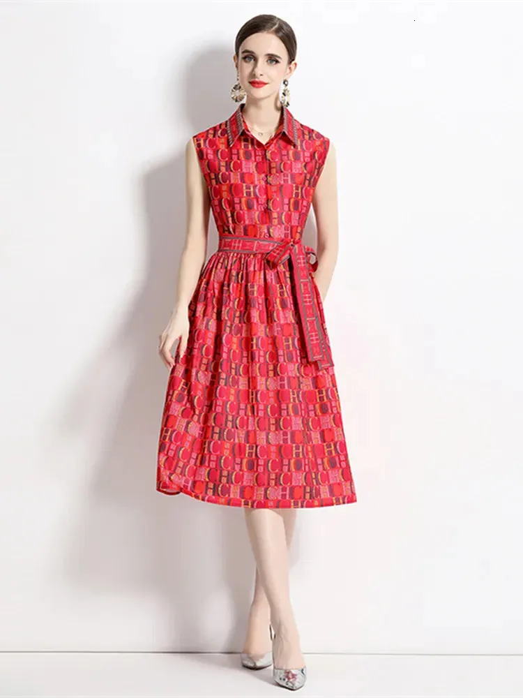 Summer Runway Fashion Letter Print Red Shirt Dress Womens ärmlös Single Breasted Bow Tie spetsar upp en linje Slim Midi Vestidos 240409