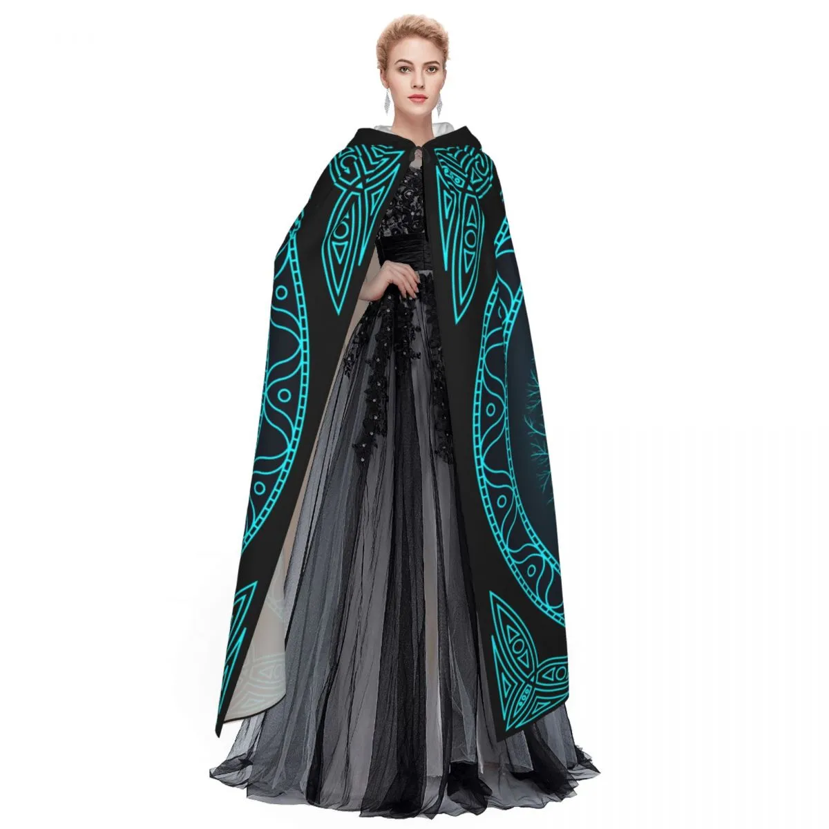 Unisex Witch Party Reversible Kapuze -Vampire Cape Cloak Ethnischer Baum mit Zweigen Nahen Osten marokkanischer Bogen