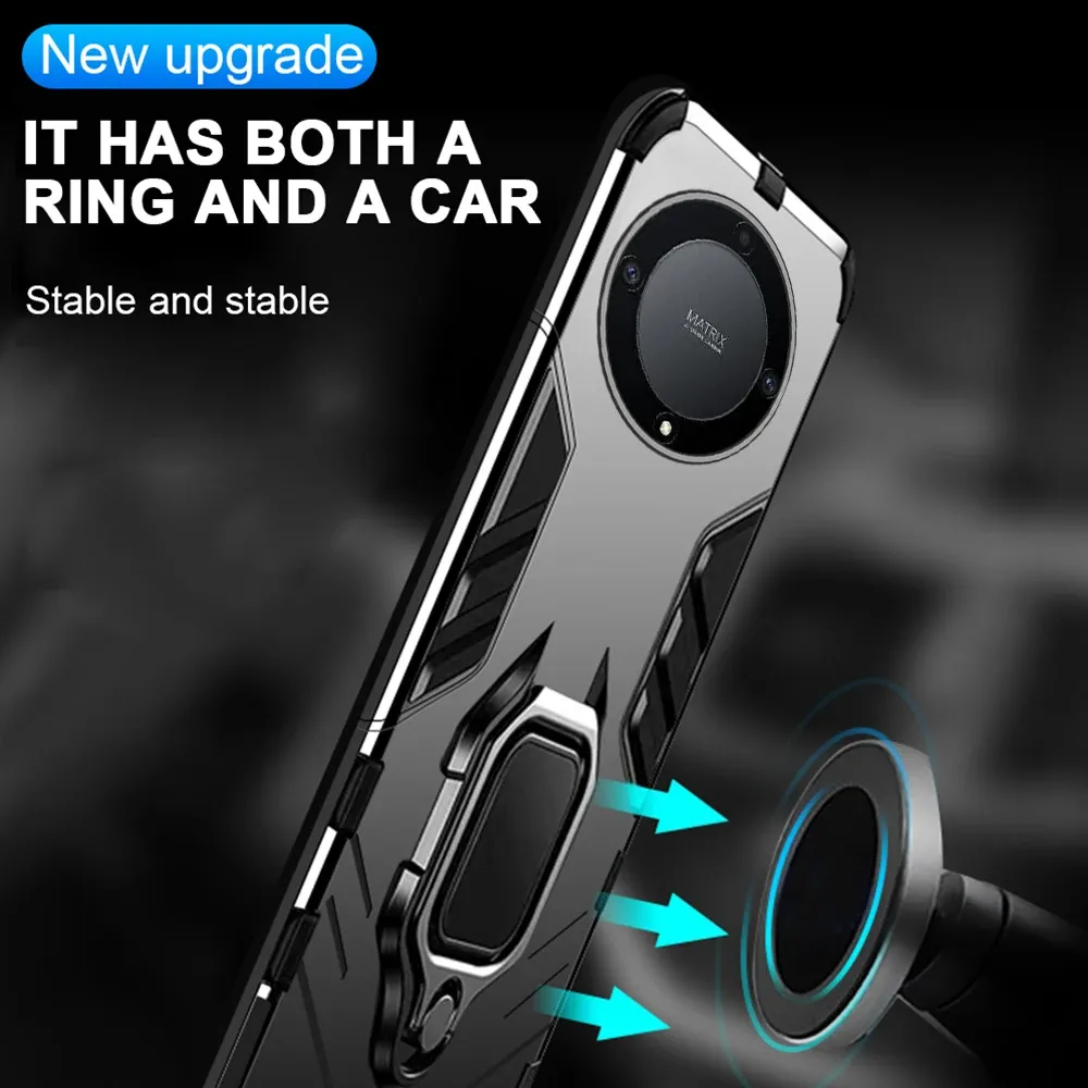 Magnetic Hard Shockproof Armor Ring Case For HONOR 90 - Black, Rugged Design With Ring Holder