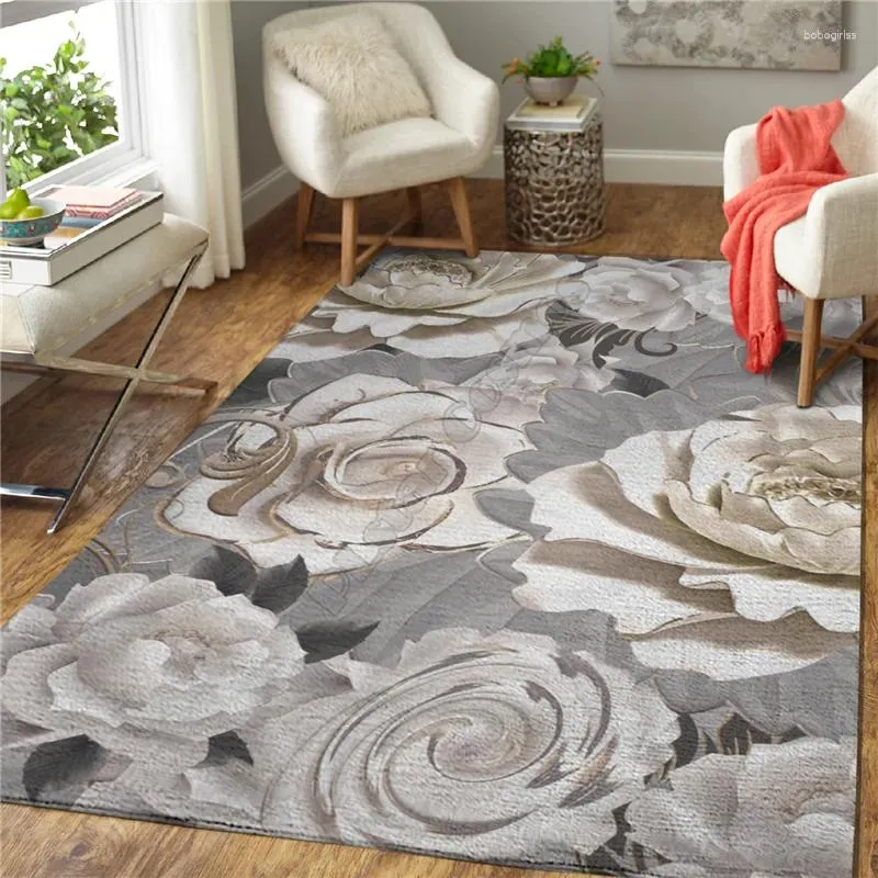 Mattor White Rose Flowers 3D Printed Carpet Mat för vardagsrum Dörrat Flanell Print Bedroom Non-Slip Floor Rug 01