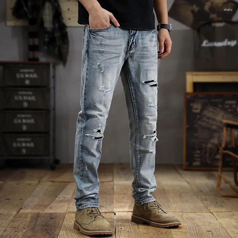 Brande de mode d'été de jeans masculin lavé-white fût à la mode coréen haut de gamme pantalon tapered rétro en détresse rétro