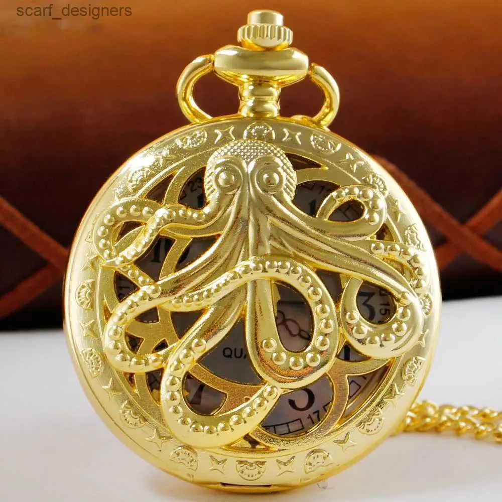 Pocket horloges vintage hollow gouden octopus flip pocket mode unisex kwarts es ketting metalen klok voor mannen vrouwen y240410