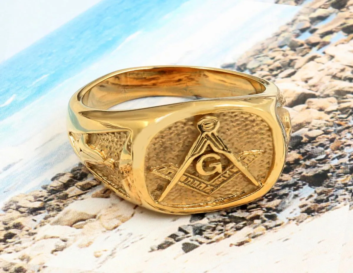 GOLD 316L Anneau maçonnique en acier inoxydable pour hommes Master Masonic Signet Ring Mason Anneau ethnique Punk Rock Jewelry Male Wom4430512