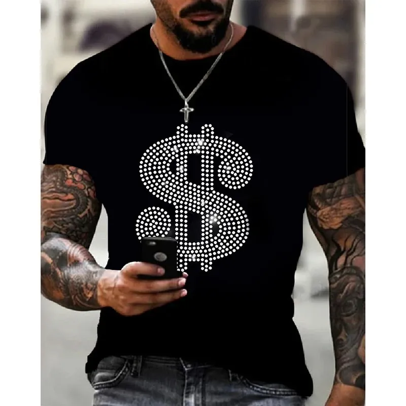 Herrkvalitet mode t-shirts casual gata kort ärmdollar skylt borr män kläder tee toppar o-hals rhinestone tshirt y2k 240321