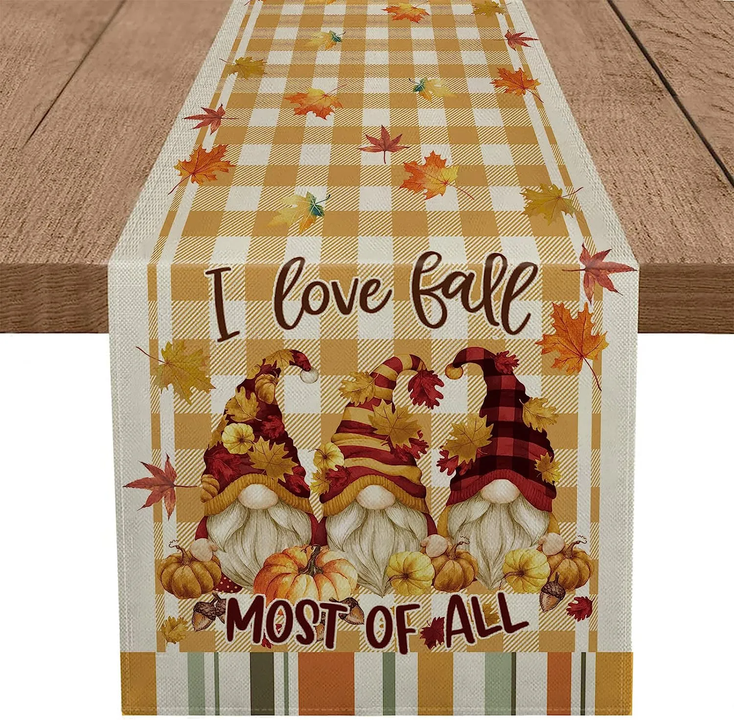 Autumn Leaves and Pumpkin Print Kitchen Table Linen Table Runner, Thanksgiving Decor Table Runner Holiday Party Table Decoration