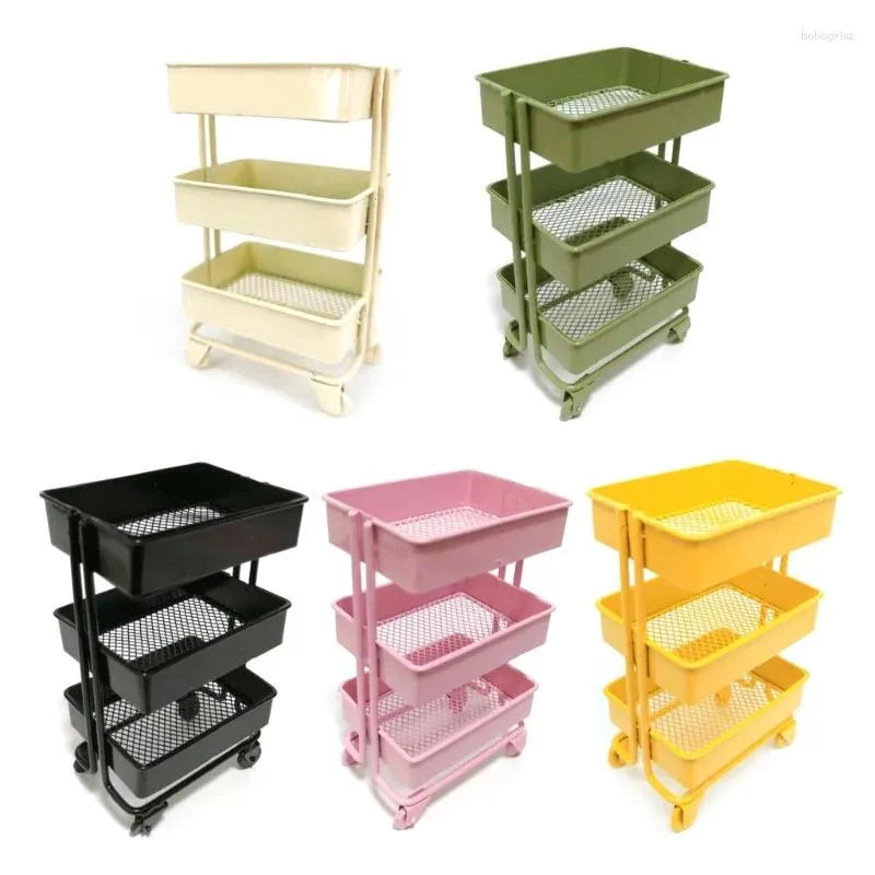 Kitchen Storage 3 Tiers Mini Trolley Rack Dollhouse Iron Rolling Bookshelf Collection Accessories Miniature Cart For Kid