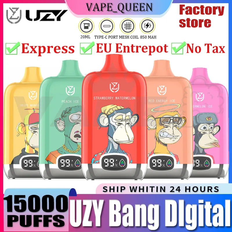 ЕС склад оригинал uzy bang Digital 15000 Puff 15000 Одноразовые E -сигареты сетчатой катушкой 20 мл аккумуляторной батареи.