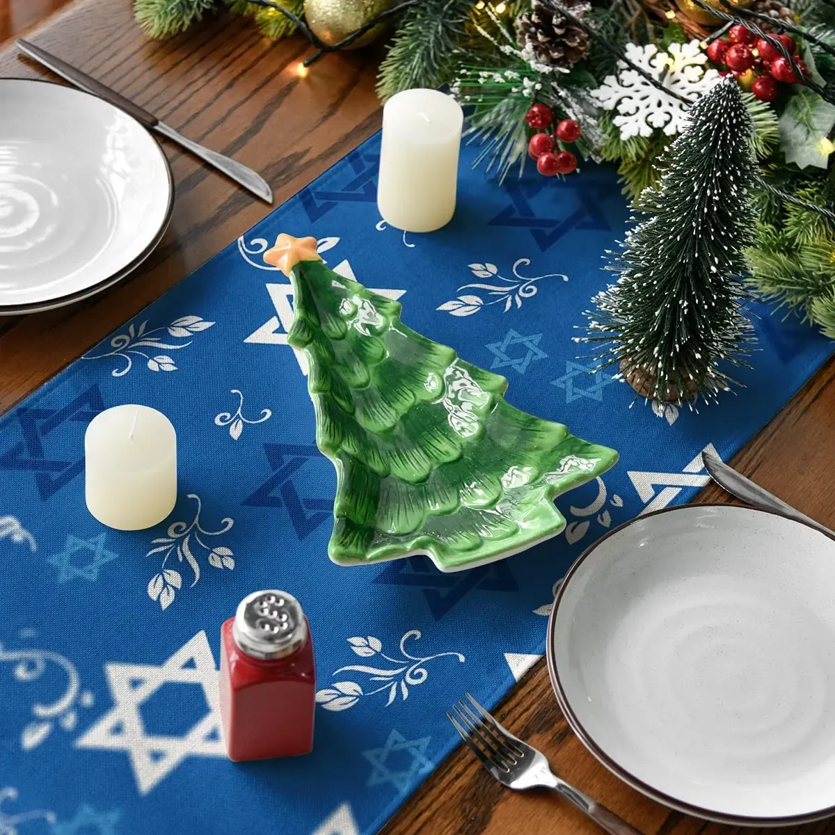 Blue Hexagram Passover Linen Table Runner Jewish Menorah Hanukkah Holiday Kitchen Dining Bord Runner för hemfestdekor