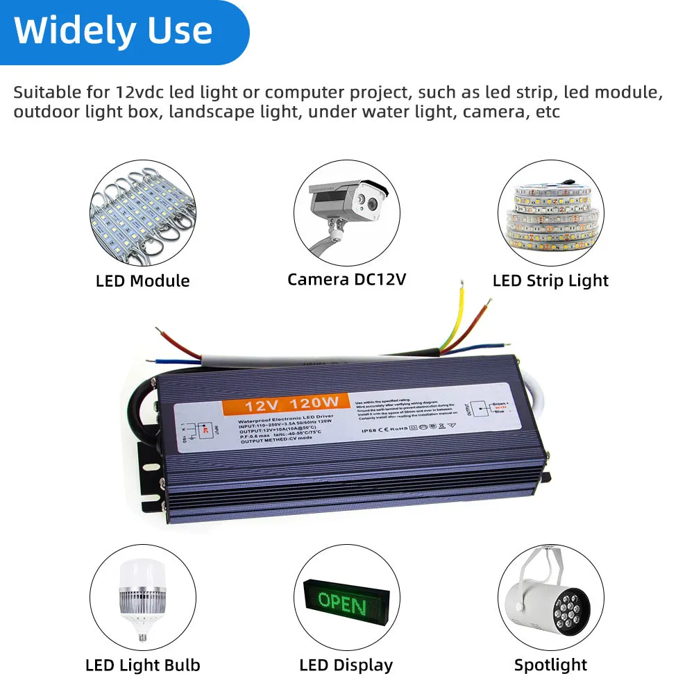 IP67 Waterproof Lighting Transformer AC 110V 220V To DC 12V 24V 12W 20W 36W 100W Switching Power Supply Led Driver For Led Strip