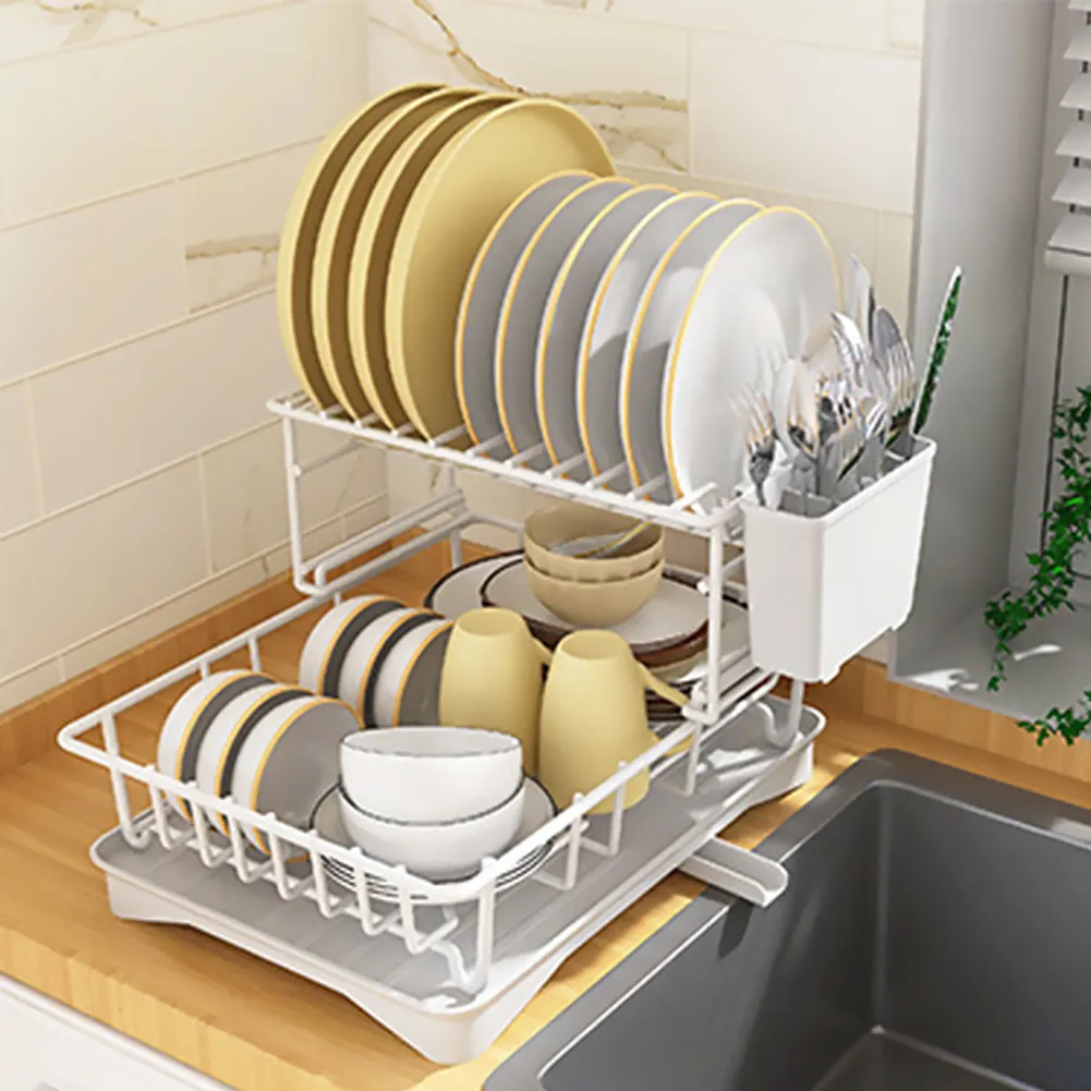Double-Layer Rust-Proof Metal Dish Drying Rack with Wine Glass Holder ...