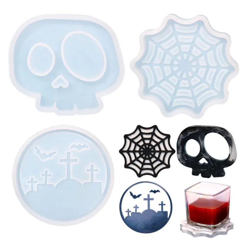 Halloween DIY Coffille-Coaste maison maison Cobweb Cobweb Skull Graveyard Creative Silicone Moule Crystal Placemat Moule pour DIY Craft