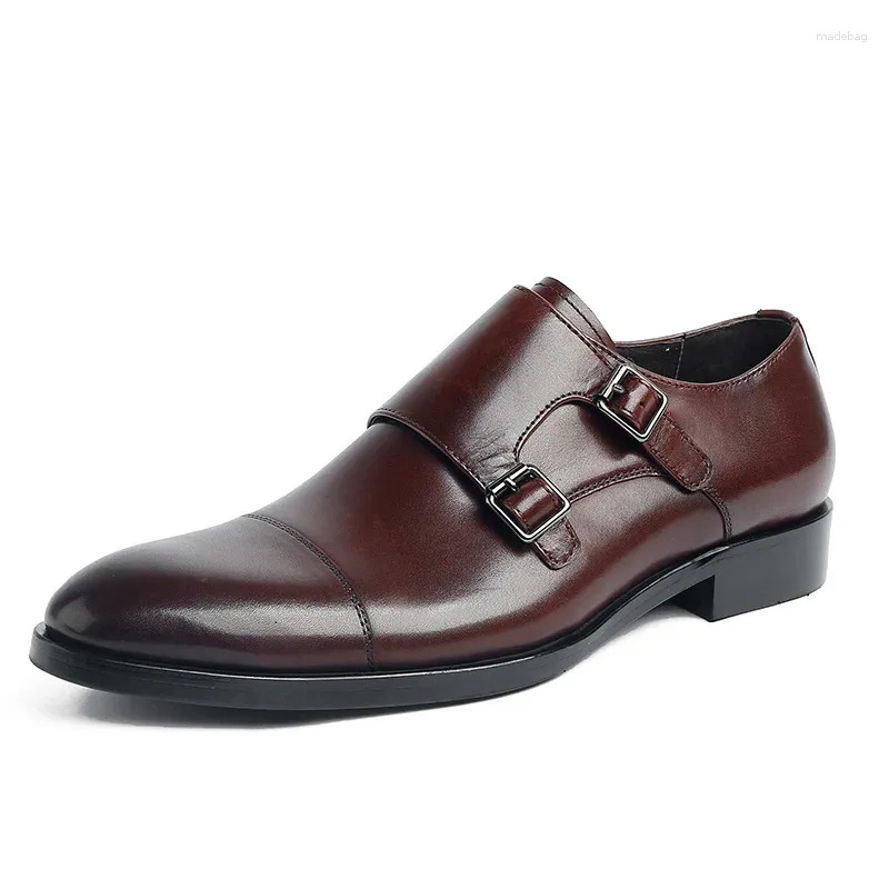 Dress Shoes Leather Men's Pointy Business Suit Cowhide Double Buckle Edvard Munch Breathable Married Work Wea