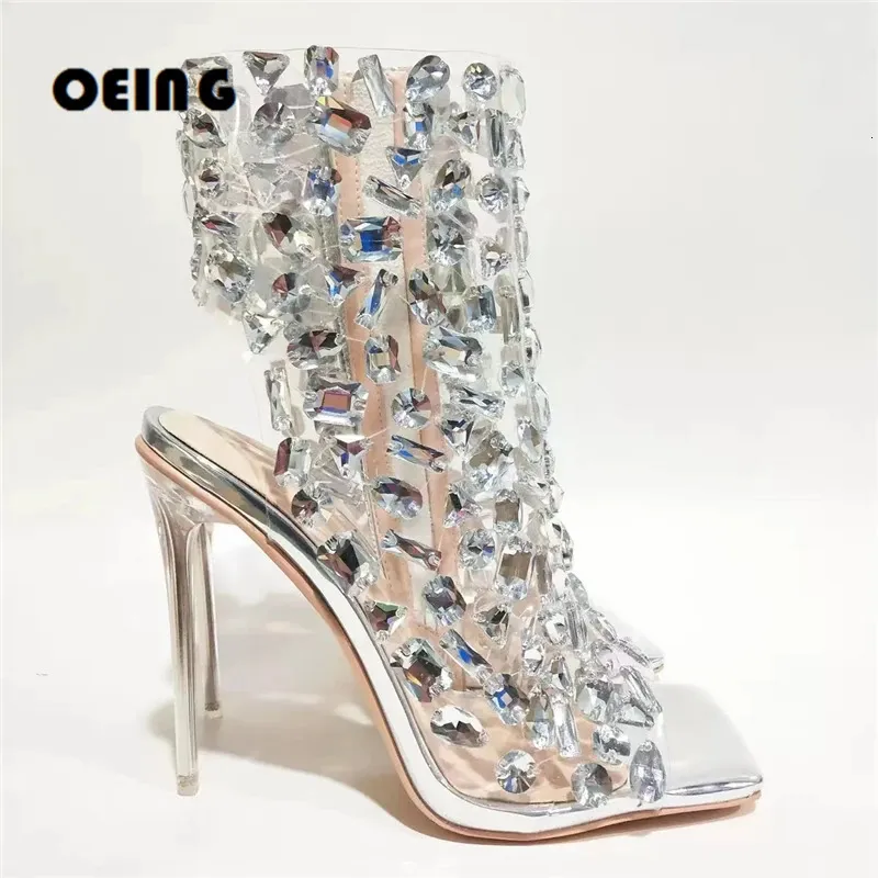 Sexy Embellished Booties Summer Women Gem Square Open Toe PVC Stiletto Heels Sandals Side Zipper Sandalias De Mujer 43 2 98