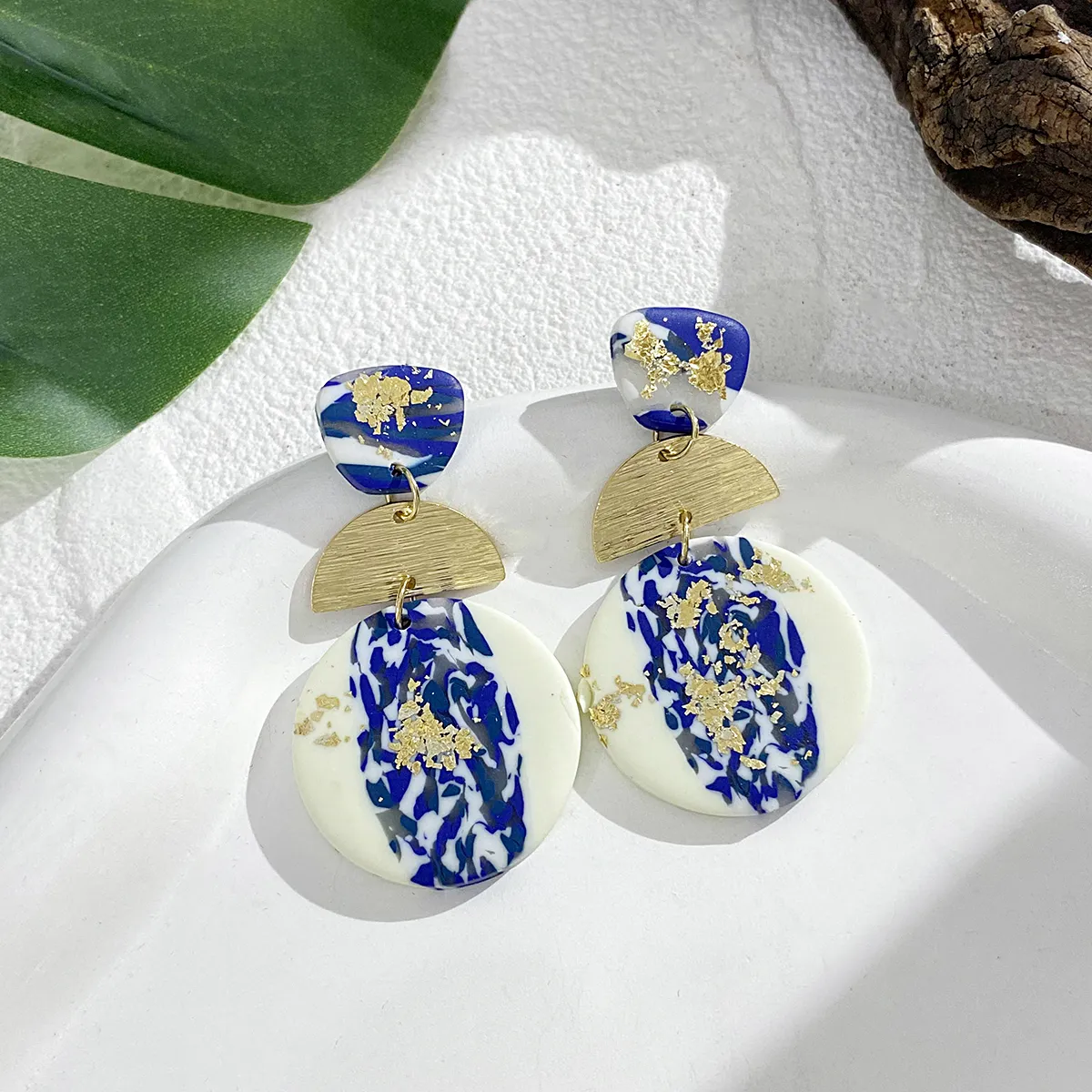 AENSOA Blue and White Porcelain Polymer Clay Drop Earrings for Women Gold Color Foil Geometric Round Earrings Ethnic Jewelry