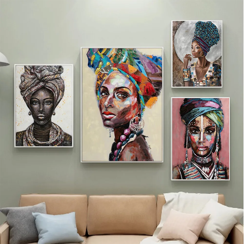 African Woman Abstract Art Portrait Traditional Clothing Canvas Painting Color Wall Art Graffiti Poster Prints Home Decor Murals