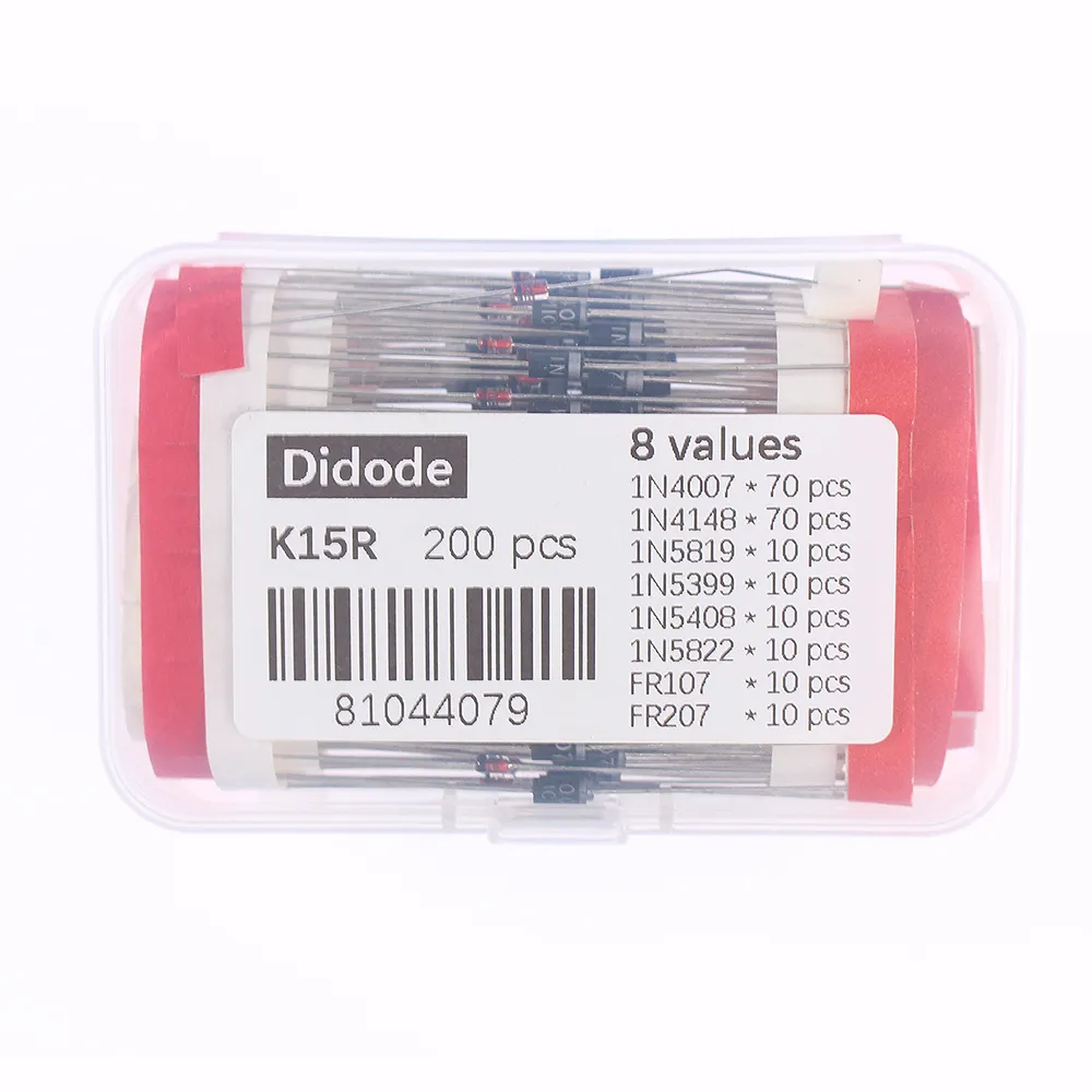 200 stcs diode kit Schottky diodes 1n4007 1N4148 1N5408 1N5819 1N5822 1N5399 Rechtvaardig diode kit 8 waardendioden met doos met doos met doos met doos