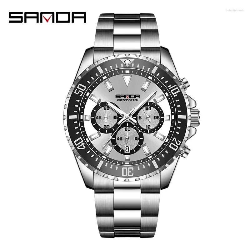 Wristwatches Sanda Brand 5306 Arrival For Men Full Stainless Steel Strap Japanese Quartz Movement Waterproof Chronograph Business Watches