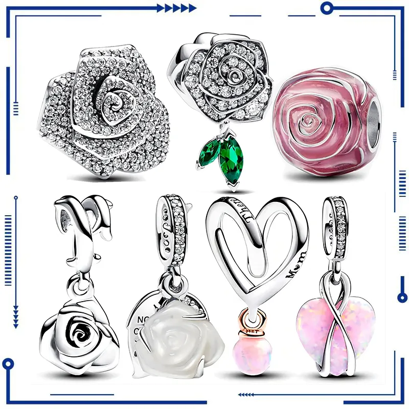 925 Silver Jewelry 2024 Nouveau charme de perle, Charme de rose étincelante, si vous adaptez pour le bracelet Pan Original Livraison gratuite