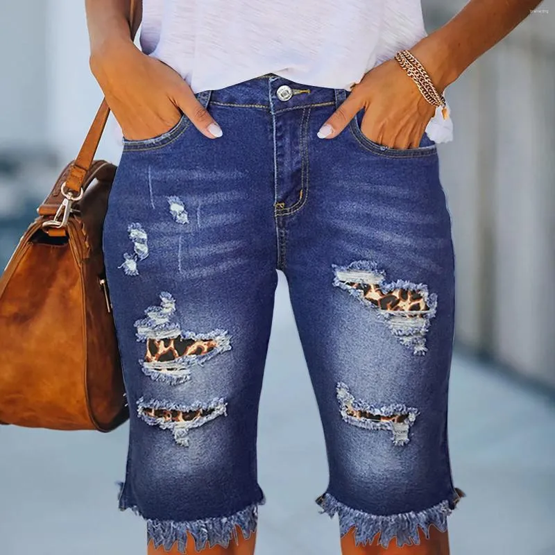 Kvinnors jeans kvinnor sommaren rippade hög midja mörkblå knälängd byxa med fickan avslappnad plus storlek vintage korta harembyxor