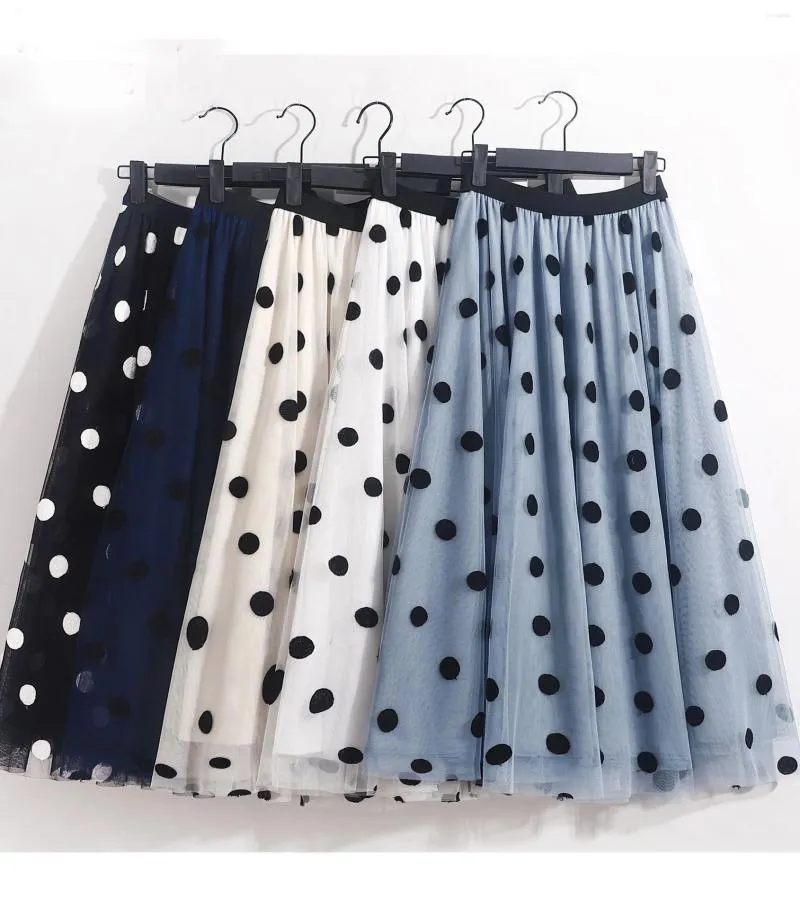 Skirts Summer Mesh Embroidery Tutu Long Skirt Women's Spring Slim High Waist Pleated Big Dot Sweet Midi Tulle