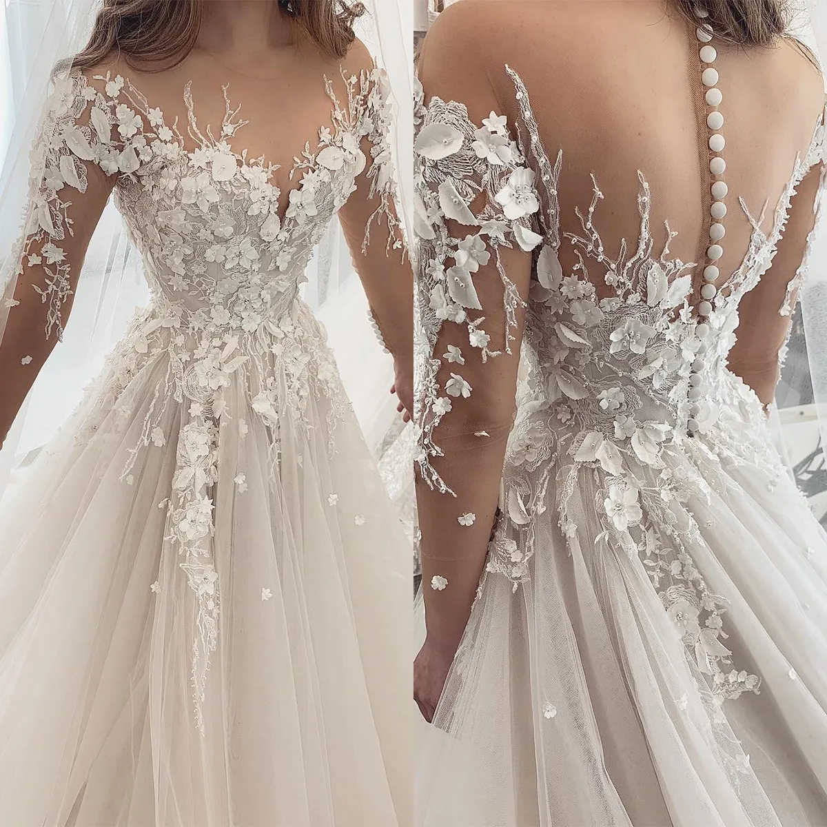 Graceful Wedding Dresses 3D-Floral Appliques Bridal Gowns Long Sleeve Sequins Custom Made A Line Sweep Train Vestidos De Novia