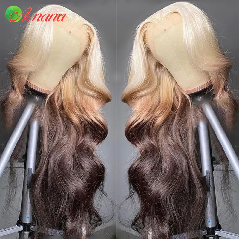 613 LACA LACA CRONTO BRONTAÇÃO CORPO DE PERTULAÇÃO 613 ombre amarelo marrom 13x4 Lace Frontal Human Human Wigs para Mulheres Negras Cabelo Humano