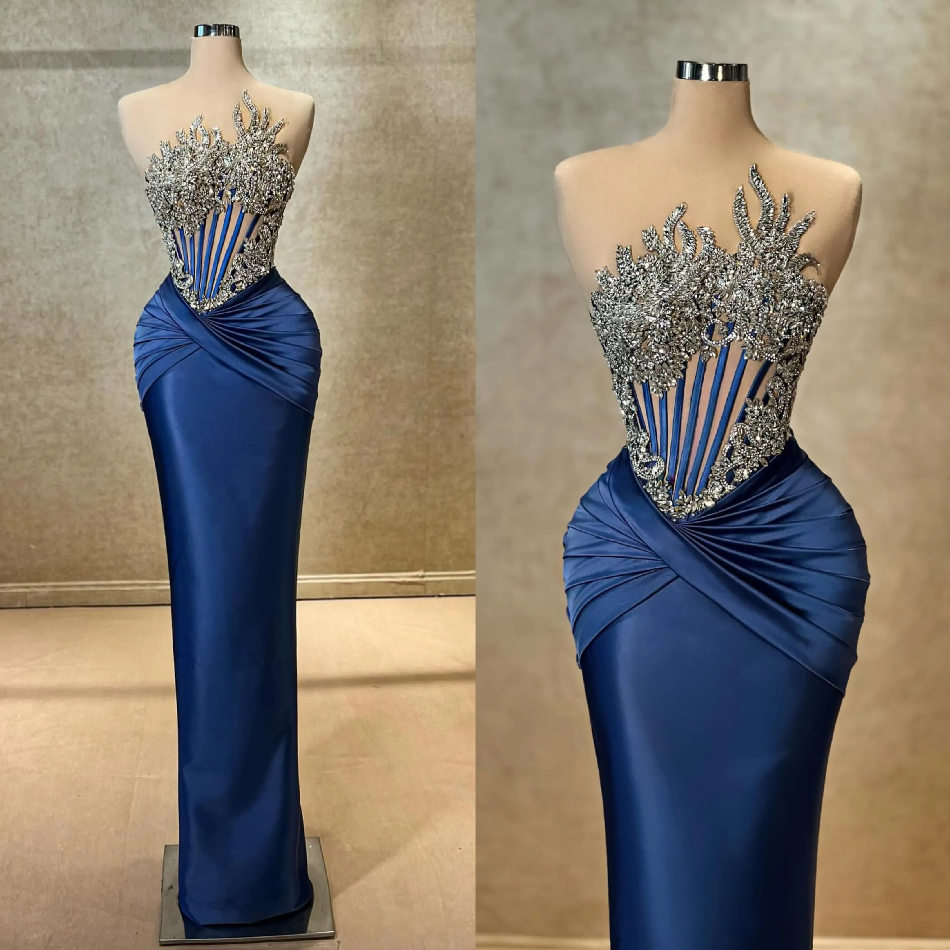 Navy blue mermaid Evening Dresses elegant illusion bodice Prom Dress pleats beaded strapless Custom Made Formal dresses for women