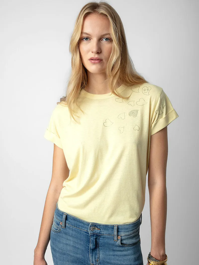 2024 Frans modemerk ZV vrouwen houden van diamanten mouw gekrulde linnen gele dames ronde nek korte mouw t-shirt nieuwe casual top