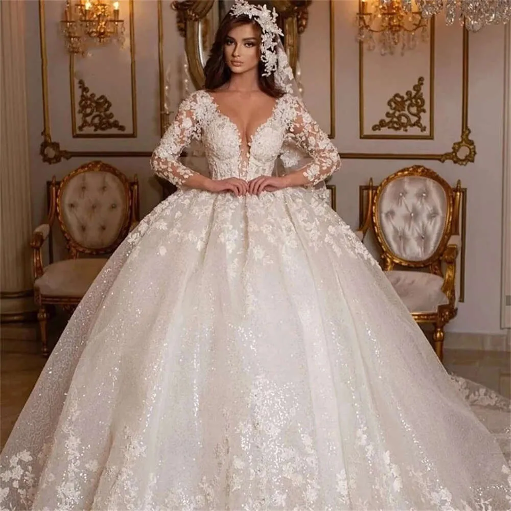 STEVDITG Exquisite Wedding V-neck Beading Sequined Appliques Bridal Ball Gowns Elegant Chapel Train Bride Dress