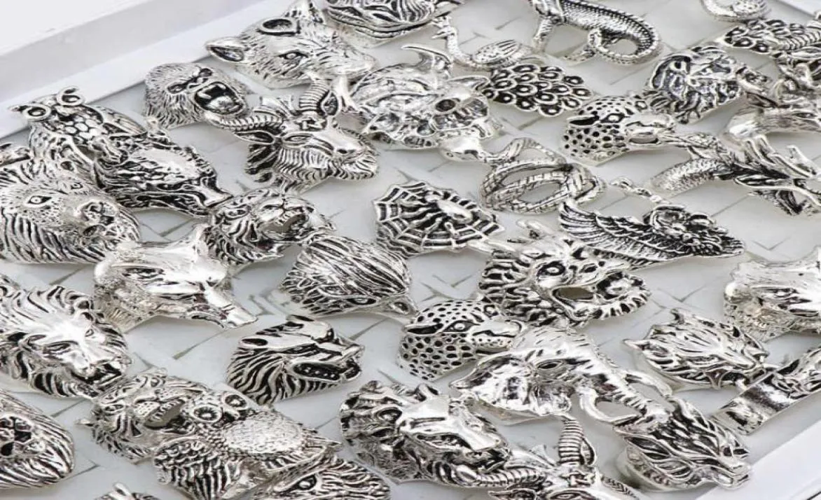 En gros 20pcs / lots mélange hibou Dragon Wolf Elephant Tiger etc Style Animal Anneaux Bijoux vintage Anneaux pour hommes Femmes 2106239666898