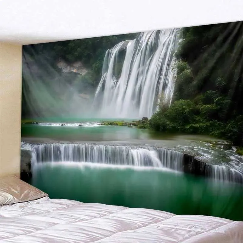 Waterfall Forest Tapelestries View Tapestry Natural Wall Hanging Mandala Home Art Decor Hippie Boho Bakgrund Tyg Yoga Madrass Sheet R0411