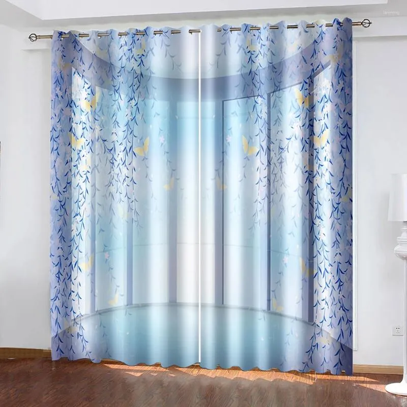 Curtain Po Window Curtains Living Room Blue Flower 3D Printing Modern Fashion Home Decor