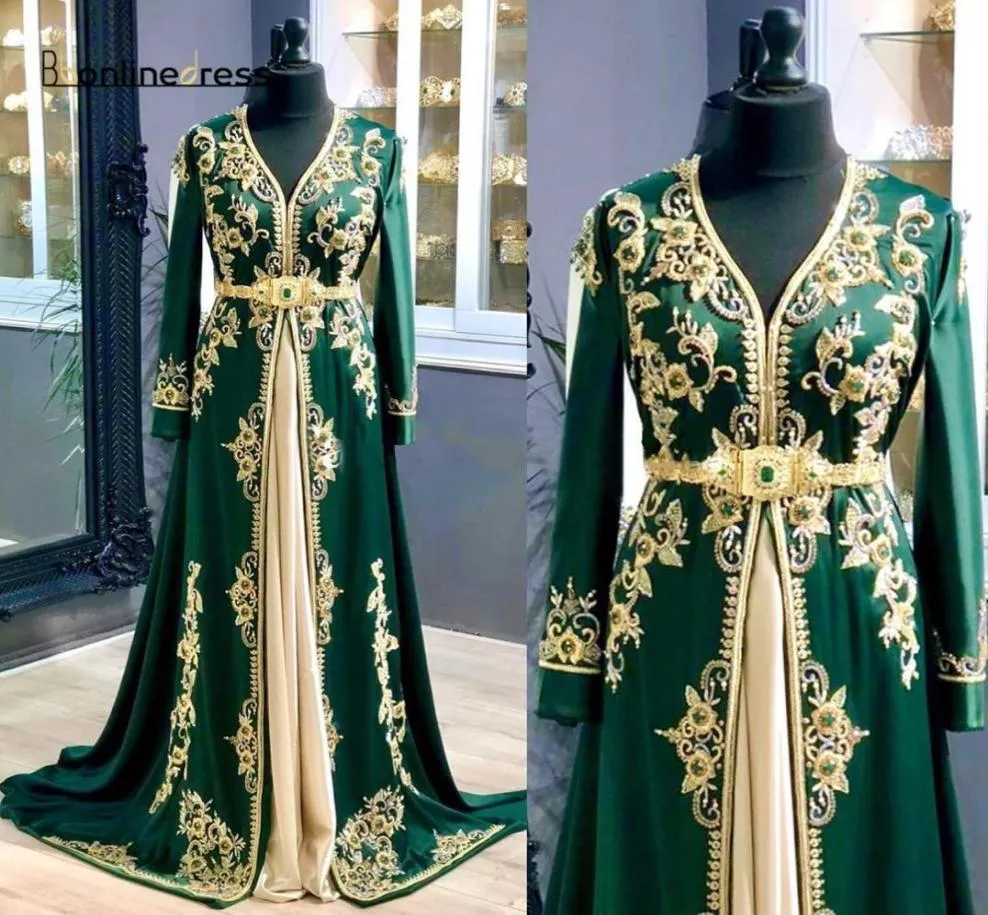 Luxusgrüne marokkanische Kaftanabendkleider 2020 Langarm Spitze Kristallperlen Abschlussball Kleider Dubai Abaya Formale Partykleider 20206377625