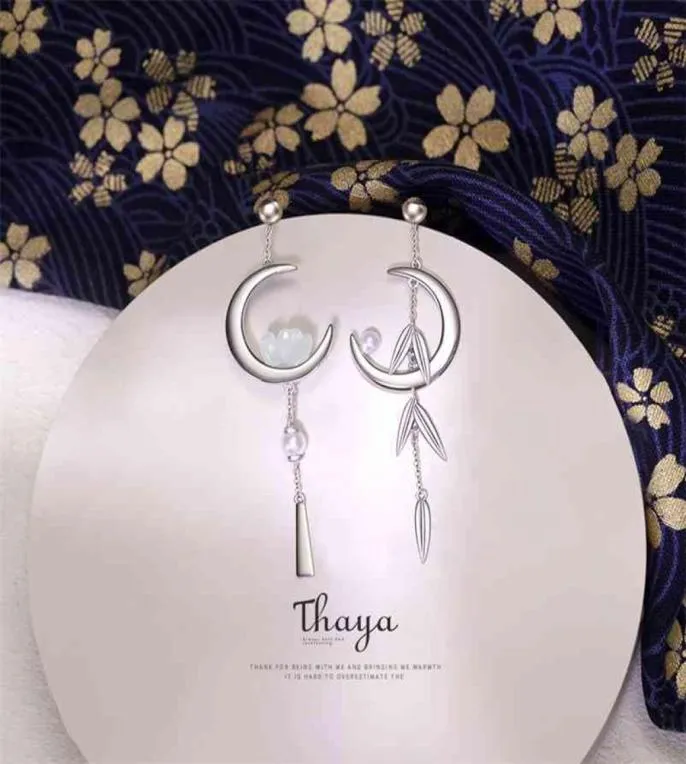 Thaya 925 Sterling Silver Earring Dangle Crescent Bamboo leaves Japanese Style For Women Fine Jewelry 2106163405954