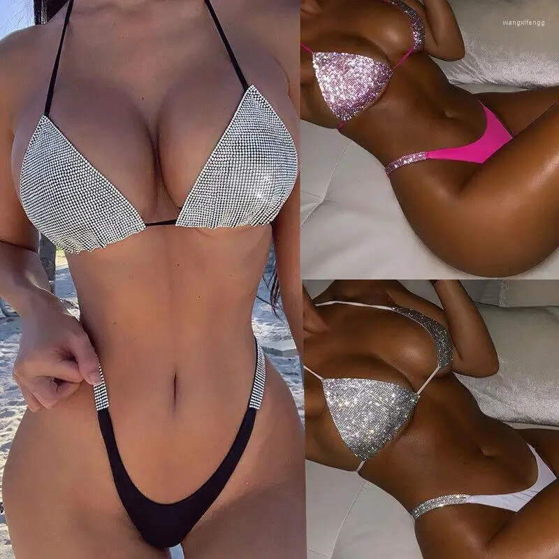 Kvinnors badkläder Sexig kvinnors paljetter Rhinestone Crystal Diamond Push Up Bikini Set Bh High midja baddräkten