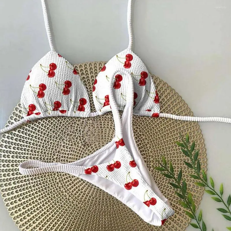 Women's Swimwear Women Bikini Set Leopard Print Halter Bra High Waist Lace-up Thong Cherry Brazilian Swimsuit Two For