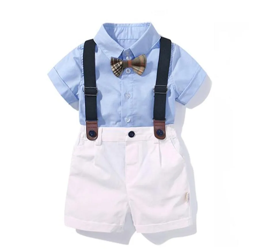 Baby Boy Clothing Shirt Bow Set Birthday Costume Forme Forme Summer NOUVELLES CHARGES SETTRES BLUE TOPSUSPENDER PAPTING TORnfits LJ20085650779