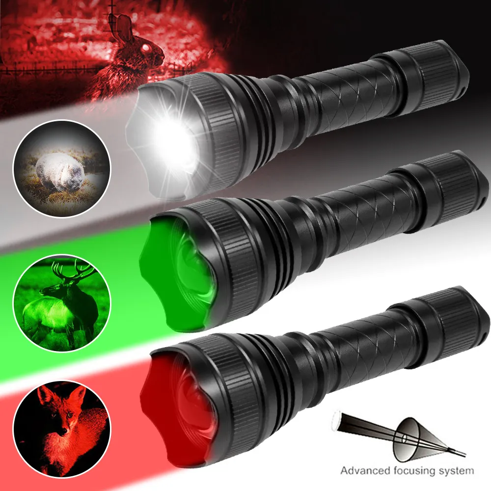 500 yards Lampe de poche zoomable rouge / vert / blanc torche 1 mode 1 High + interrupteur de pression à distance + support de portée de la fusil + 18650 + Charger