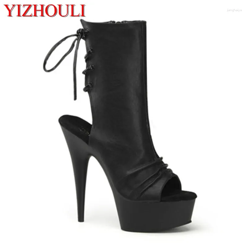 Dance Shoes 15cm Summer Sexy Women 's Peep Toe High Heel Boots Fashion Hollow Out Black Lace-up Soft Leather Ladies