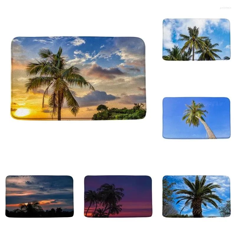 Tapetes de banho Tropical Palm Tree Cenário Mat Sunrise Sunset Seaside Jungle Green Plant Folhas de flanela Decoração Ranta de decoração não deslizante