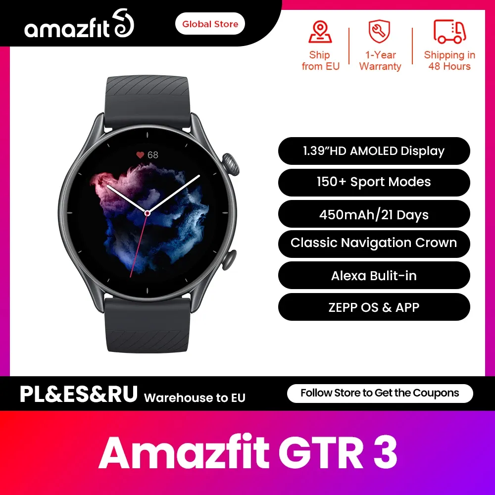 Regardez les nouveaux Amazfit GTR 3 GTR3 GTR3 Smartwatch Alexa Breetin Health Monitoring 1,39 "Affichage AMOLED Smart Watch pour le téléphone iOS Android