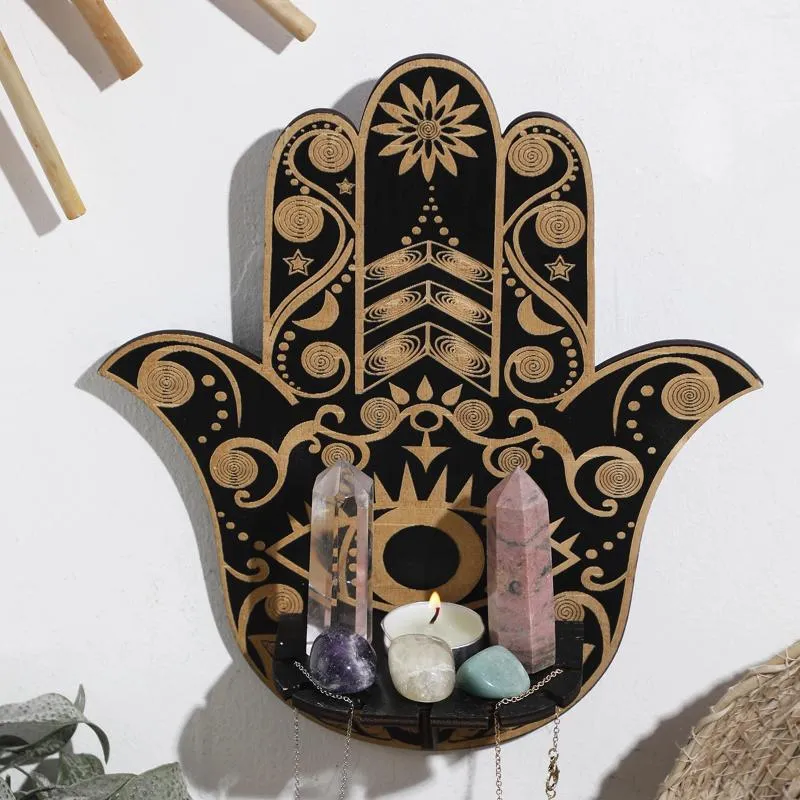 Plaques décoratives Hamsa Crystal Afficher étagère de décoration de l'œil maléfique étagères en bois Holder flottant pour rochers rocheux Méditation Home Meditation Cadeaux