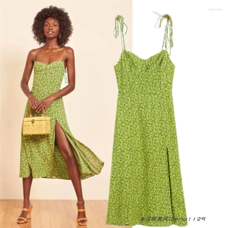 Casual Dresses Vacation Style French Retro Fairy Nisch Green Shivering Print Long Dress Side Slit Hem Sling