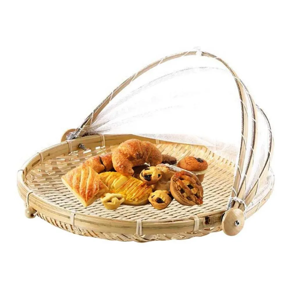 Hot Sales!!! Bamboo Picnic Food Serving Basket Anti Flies Insect Net Cover Bread Fruit Tray