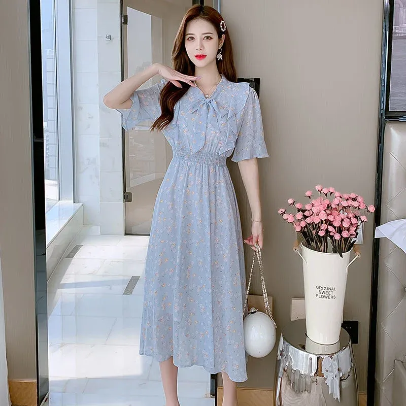 Robes Robe de florale française Elegant Women's Lace Up Platycodon Jupe Femme Summer Stindren Soupche de mousseline de mousseline de mousseline