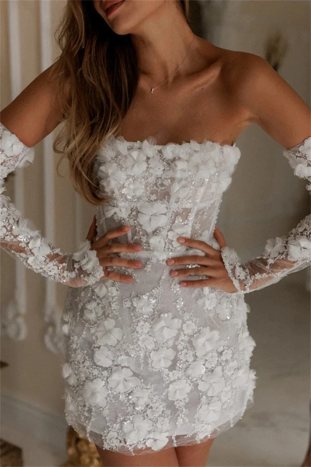 Abi Da Sposa Corti 2025: Mini Abo Da Sposa Ricamato In Pizzo Floreale Senza Spalline Abo Da Festa Stringato, Abi Da Sposa Corti Eleganti Da 92,39 € | DHgate