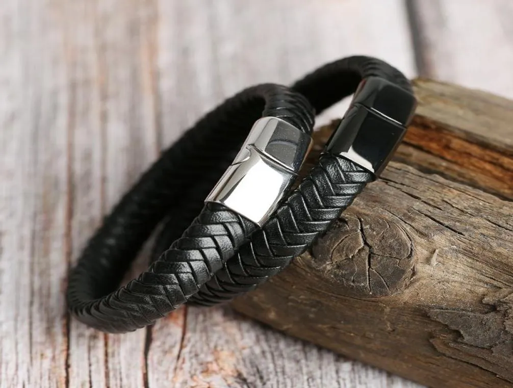 Pulseiras de couro genuíno homens de 126 mm de aço inoxidável com costeletas de aço inoxidável com couro de vaca com bracelete moderna pulsera HOMBRE7436717